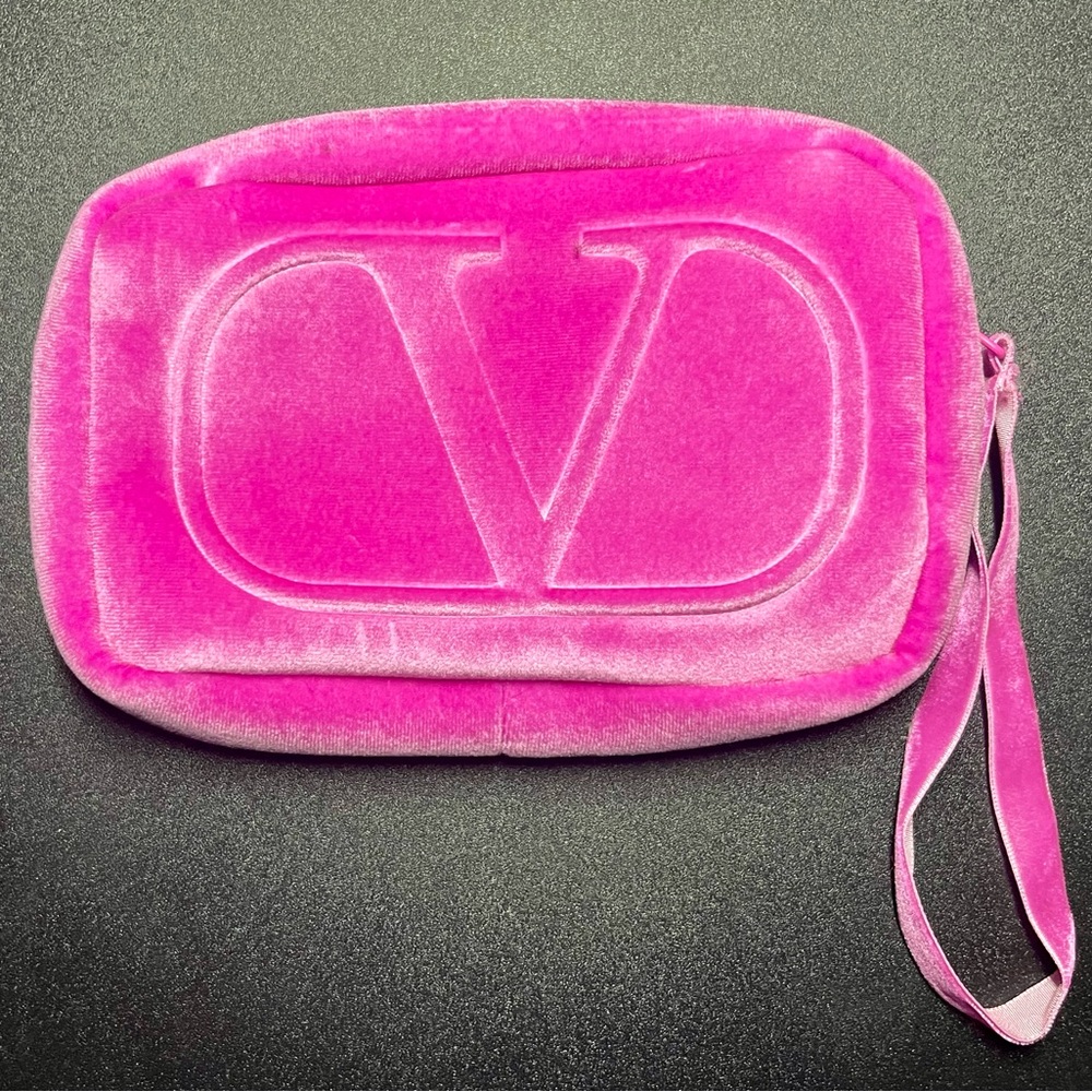 Valentino Beauty Small Hot Pink Velvet Travel Pouch Makeup Wrist Bag Clutch